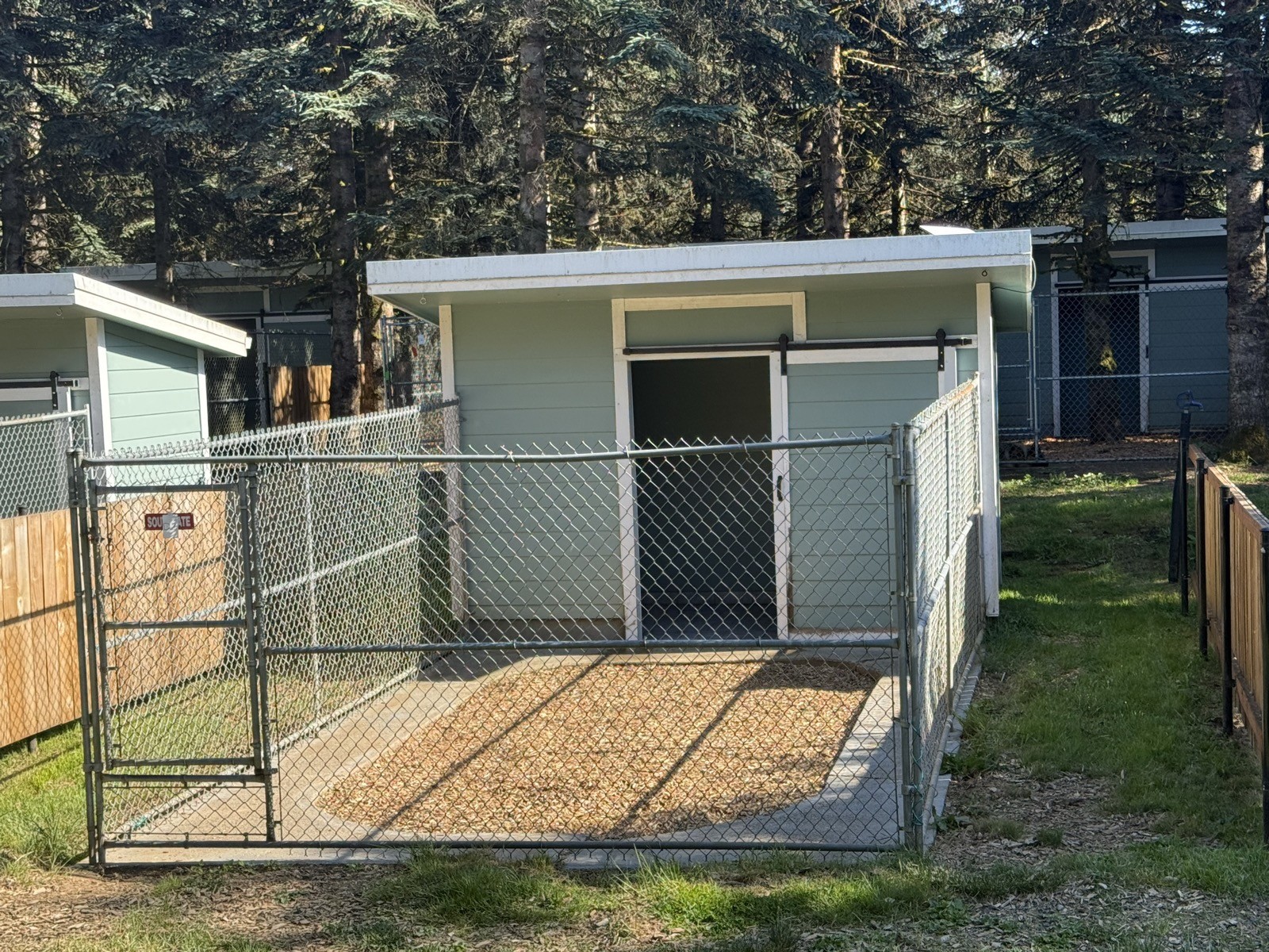 Covered dog kennel run with private gravel area
